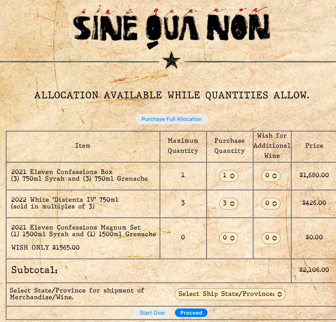 Any of my wine followers interested in Sine Qua Non allocation?
