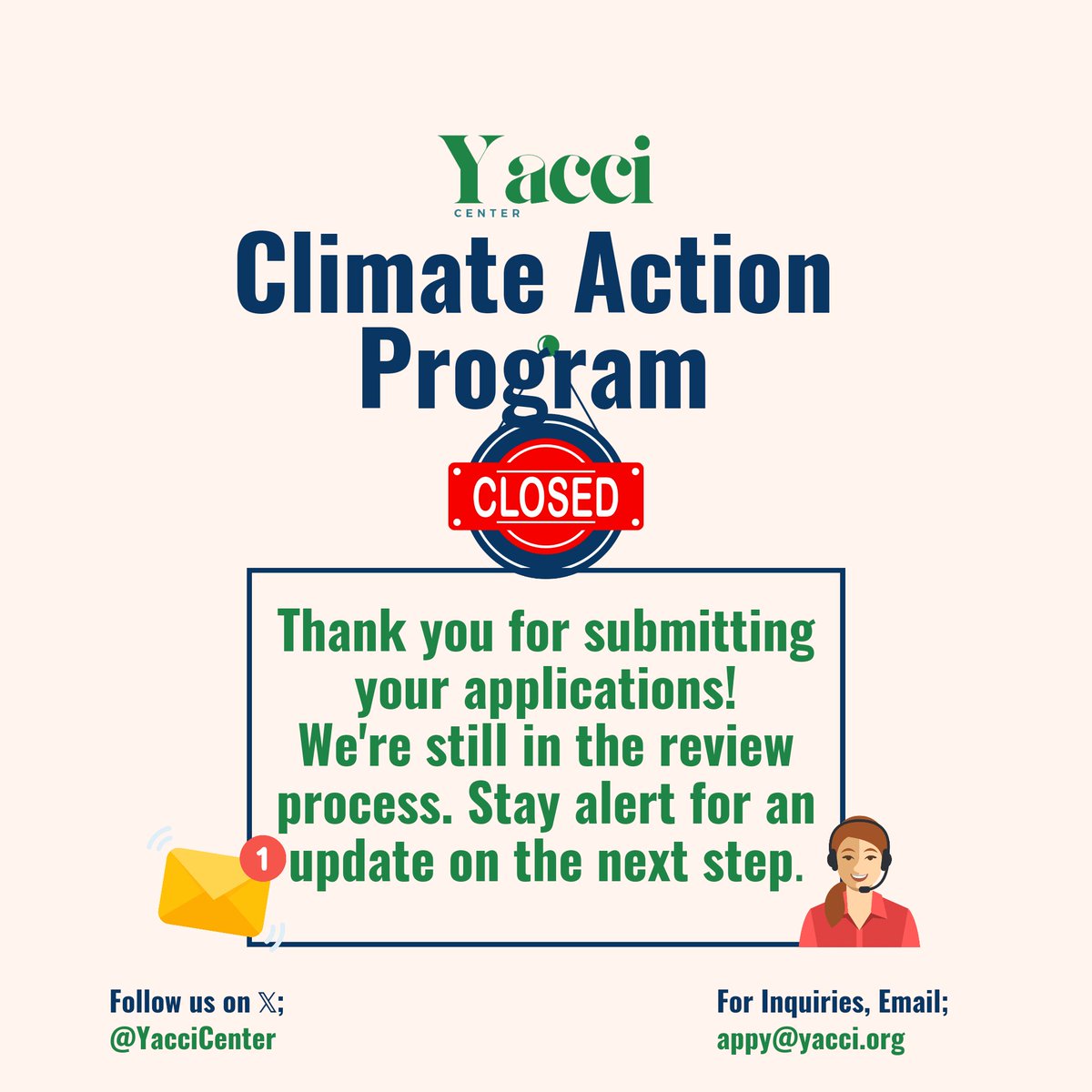 YacciCenter's tweet photo. Thanks to everyone who applied to the Yacci's Climate Action Program Cohort I.

Applications closed on January 22, 2025 and we are now in the review process. 

Keep an eye on your email and on our socials for updates. 

#YacciC1 #YacciCenter https://t.co/ubjSJMf3FK
