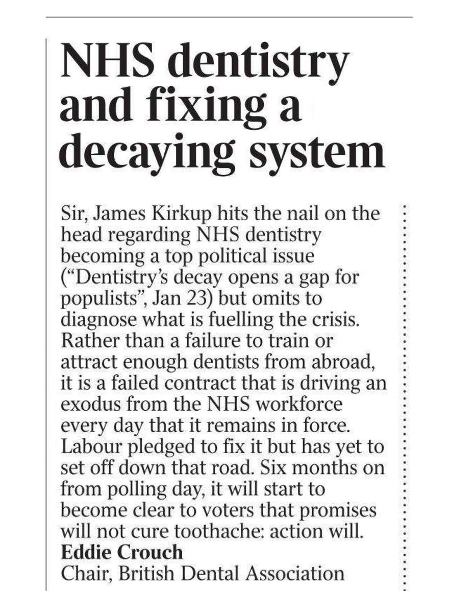 TheBDA's tweet photo. For the first time in its 76-year history, NHS dentistry was a doorstep issue in a General Election. 
 
Fuelling a crisis facing millions is a broken contract. 
 
Failure to deliver reform will carry a political cost. 
 
Our letter to @thetimes https://t.co/xyvhUEqjt4