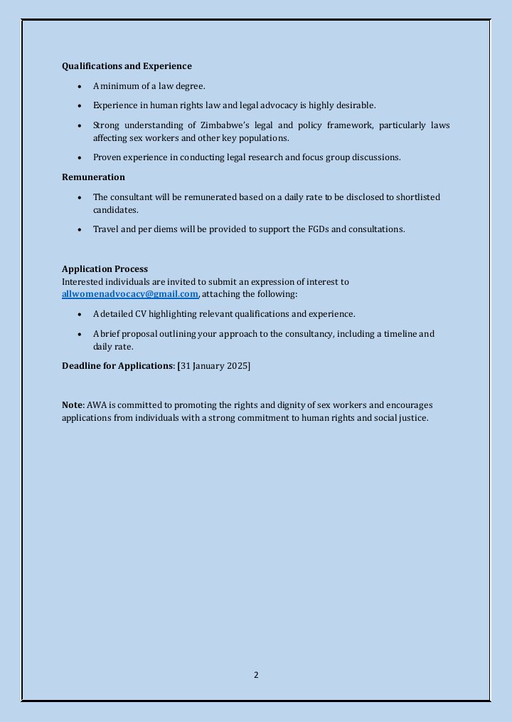 Are you a human rights lawyer passionate about creating an enabling environment with zero stigma for key populations?
 We are seeking a qualified consultant to develop a comprehensive legal advocacy strategy.
For more information email us at allwomenadvocacy@gmail.com