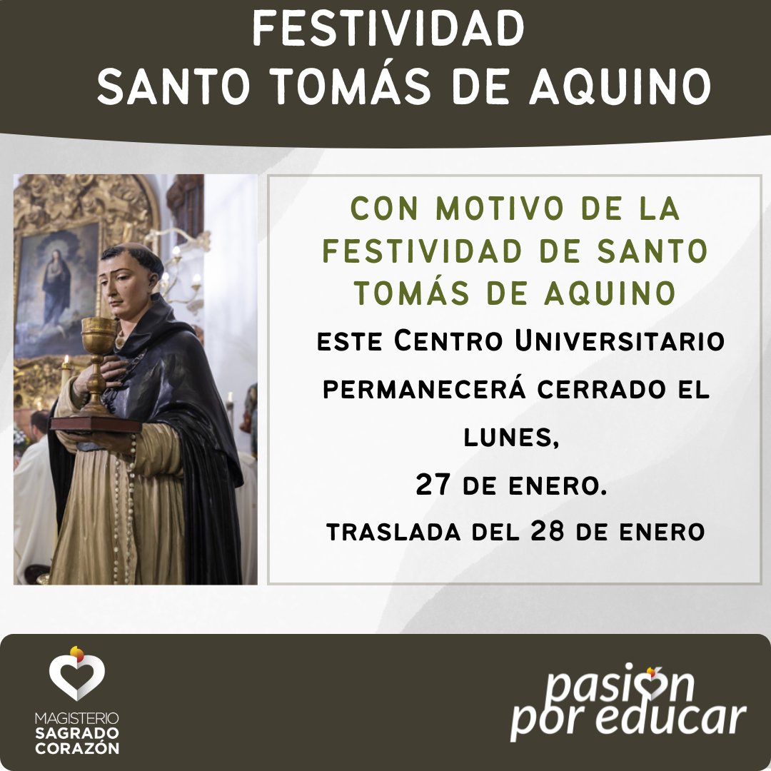 FESTIVIDAD SANTO TOMÁS DE AQUINO

Con motivo de la Festividad de Santo Tomás de Aquino, este Centro Universitario permanecerá cerrado el lunes, 27 de enero, trasladada del martes 28 de enero.

#magisteriosc #pasiónporeducar #festividades #santotomasdeaquino