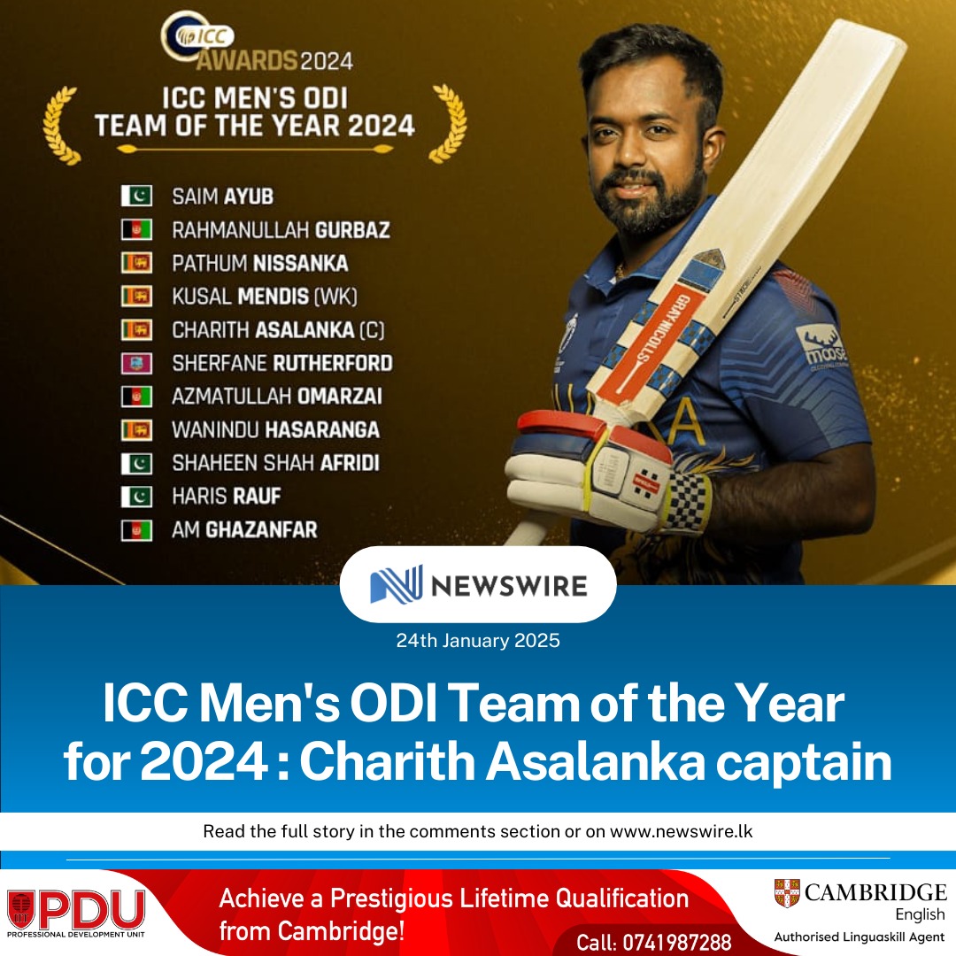AzzamAmeen's tweet photo. Four Sri Lankan cricketers have been named in the ICC Men’s ODI Team of the Year for 2024.

Sri Lanka’s Charith Asalanka leads the team, with Pathum Nissanka, Kusal Mendis, and Wanindu Hasaranga as the remaining Sri Lankan cricketers in the team https://t.co/vuL8iOXyxv