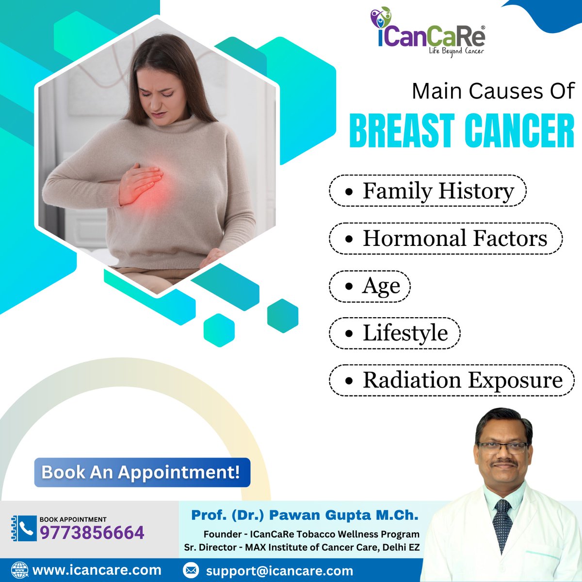 Main Causes Of BREAST CANCER
• Family History
• Hormonal Factors
• Age
• Lifestyle
• Radiation Exposure
📷Dr. Pawan Gupta
Consultant : Oncosurgeon
Visit the Website:- icancare.com
Book an appointment 9773856664
Innovative Cancer Care and Rehabilitation