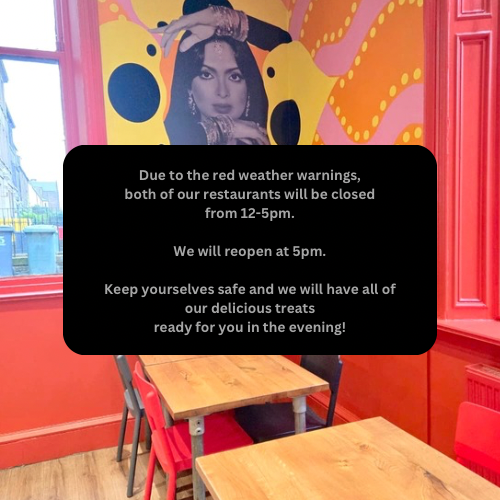 Due to the red weather warnings. We have decided to close both of our restaurants from 12-5pm to keep everyone safe. 

We will reopen today at 5pm.

See you all then 🧡