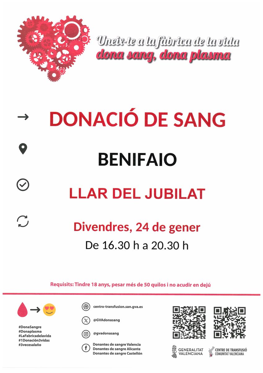 GVAdonasang's tweet photo. Donació de sang en #Benifaió
📅divendres #24gener
Et necessitem amb regularitat. La sang és un recurs imprescindible que s'utilitza cada dia en als hospitals.
#DonaSang #DonaPlasma
Uneix-te a #LaFábricaDeLaVida❤️ https://t.co/RlgppLmlER