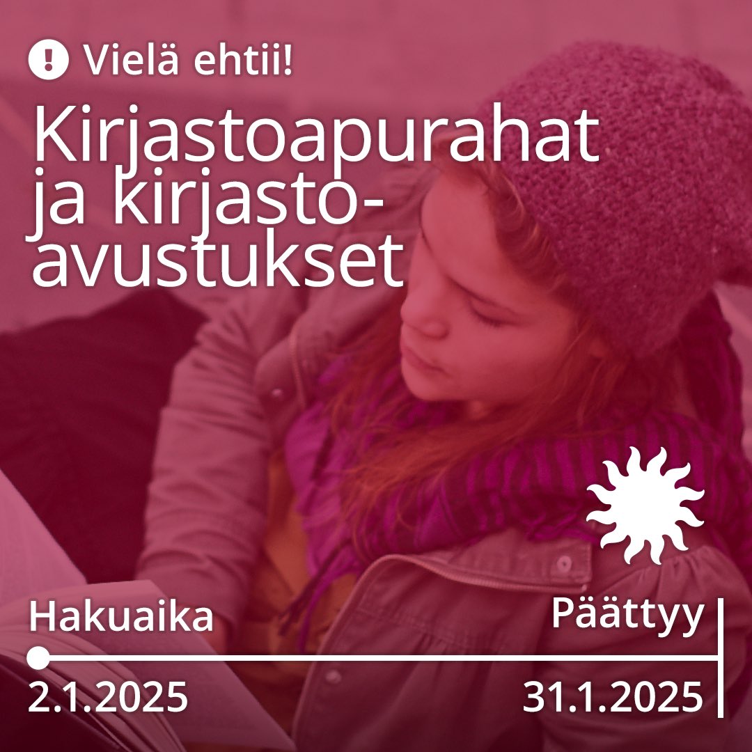 Vielä ehdit hakea kirjailijoiden ja kääntäjien kirjastoapurahoja sekä kirjastoavustuksia! Katso hakuilmoitukset alta. 

▪️Kirjailijoiden ja kääntäjien kirjastoapurahat
taike.fi/fi/hakuilmoitu…

▪️ Kirjailijoiden ja kääntäjien kirjastoavustukset
taike.fi/fi/hakuilmoitu…