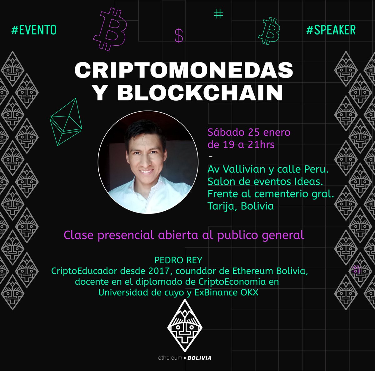 criptopepe1's tweet photo. Aprende sobre Criptomonedas y Blockchain en Tarija🇧🇴
El evento es presencial y gratuito!
@EthereumBo
📆Sabado 25 de enero 19hrs
📌Calle Ballivian y Peru, Ideas Salon de eventos, Tarija
🎟 Saca tu entrada aqui: https://t.co/Zx2tBpwbtm https://t.co/ka81ifHXvg