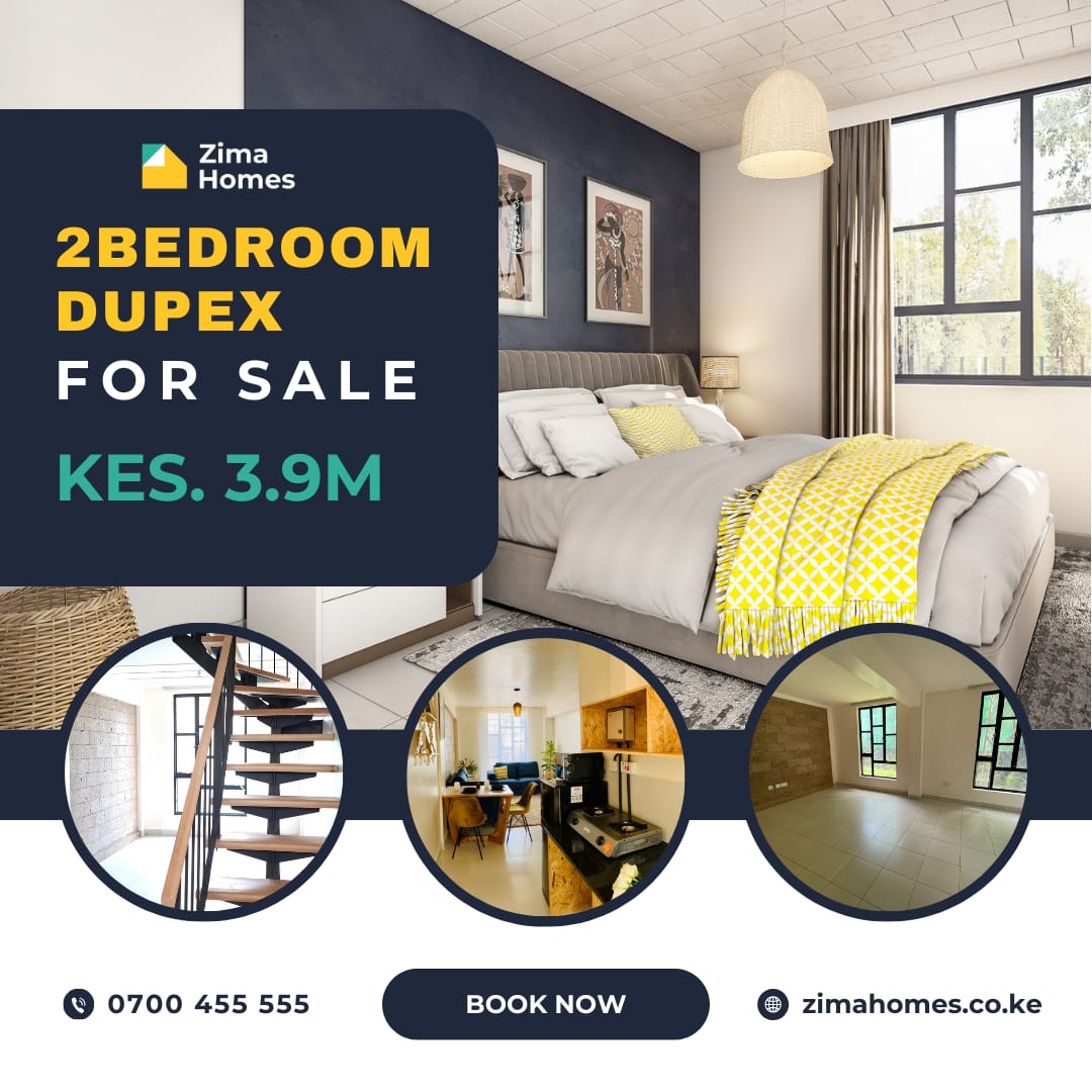 Experience luxury and space with Zima Homes. Our 2-bedroom duplex, priced at Ksh. 3.9M, offers modern living and a perfect balance of comfort and style. Make the smart choice for your future and own this stunning property today.