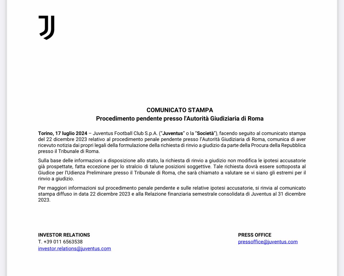ZZiliani's tweet photo. Svelato il mistero della Juve senza sponsor: in caso di condanna, ogni sponsorizzazione decade e per due anni Madama dovrà farne a meno. Lunedì 27 seconda udienza a Roma nel più totale silenzio dei media Nessuno lo dice, ma la richiesta di rinvio a giudizio non riguarda solo Agnelli, Paratici & c. ma anche il club per "responsabilità amministrativa": la stessa società ne ha dato notizia nel luglio scorso. Consob e Procura contestano al club anche la continuazione degli illeciti commessi dal vecchio management. Si tratta di "fatti nuovi" che la FIGC (come i media) sta facendo finta di non vedere 

Sapete il vero motivo per cui la Juventus non ha lo sponsor? 
Perchè, per motivi legali, le hanno detto che vista l’aria che tira è meglio non avere lo sponsor.  

E perchè è meglio che la Juventus non abbia uno sponsor? 
Perchè i pm della Procura penale di Roma hanno chiesto il rinvio a giudizio non solo dei suoi ex dirigenti ma anche del club: che in quanto “persona giuridica” è chiamato a rispondere “in proprio”, per “responsabilità amministrativa”, dei reati commessi a suo vantaggio dai dirigenti. In caso di condanna ci sarebbe la decadenza immediata di tutti i contratti di sponsorizzazione in corso e scatterebbe il divieto di attivare sponsorizzazioni per la durata di due anni.  

Quali sono i reati che gli ex dirigenti della Juventus, in primis Andrea Agnelli, Maurizio Arrivabene, Pavel Nedved e Fabio Paratici, avrebbero commesso secondo il Tribunale di Roma che ha sposato in pieno l’impianto accusatorio del Tribunale di Torino? 
I reati sono quelli di “aggiotaggio”, “ostacolo alla vigilanza”, “ostacolo all’esercizio delle autorità di pubblica vigilanza” (leggi CONSOB) e “false fatturazioni” per i quali scatta la citata “responsabilità amministrativa” della società. 
 
A quali sanzioni può andare incontro la Juventus nel caso le responsabilità dei suoi ex dirigenti, e quindi sue, venissero accertate?

(l'articolo esclusivo, nella sua versione integrale, lo trovate in https://t.co/l4gP5JEXPE e in Twitter abbonati)

P.S. Se l'argomento ti interessa e vedi che nessun giornale e nessuna tv ne parla, ti invito a visitare il mio account https://t.co/l4gP5JEXPE. L'ho aperto da poco più di un anno, racconto storie che altrove non trovi, denuncio gli scandali che l'informazione di Palazzo silenzia o distorce e mi stanno seguendo centinaia di abbonati. Il costo dell'abbonamento annuale è di 60 euro: il che significa 16 centesimi al giorno per smettere di farti trattare da gonzo cui raccontare qualsiasi fandonia. Decidi tu se pensi ne valga la pena.  https://t.co/VXSlC4lzFk   Nel mio account "Palla Avvelenata" leggerai sempre, in anticipo e senza peli sulla lingua, le cose come stanno: fatti, non veline