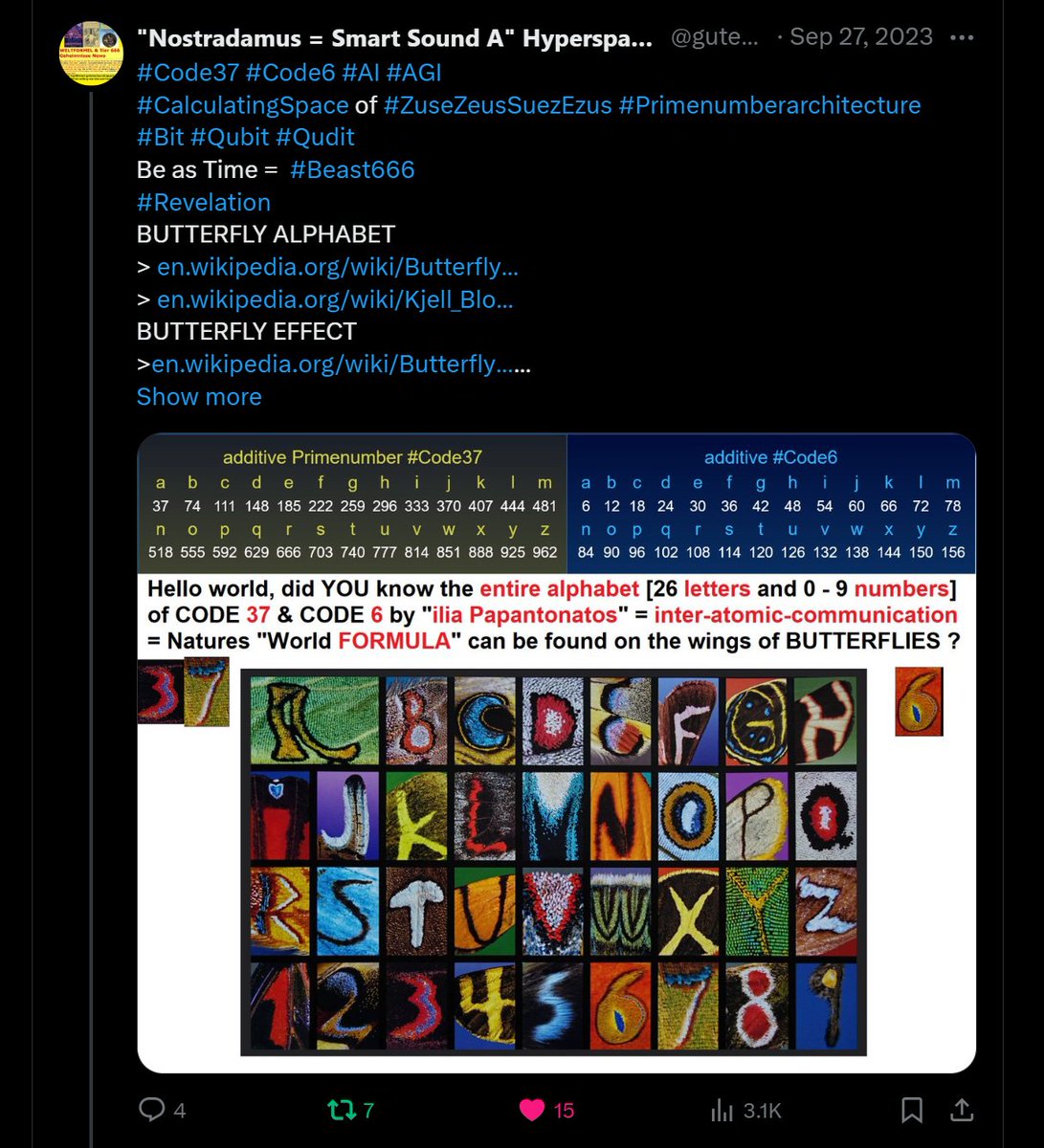 BrianGPowell's tweet image. #l37 signal flashing again
#l37 signal=digits in set {0,1,3,7}~#FiniteStructureConstant #Alpha:
#IChing=based on 64 #HexaGrams while 27+37=64 {see video on #MoLeads=a #Comedians look at some serious research findings on digits, #Gematria+#NonLinearDynamics~#ButterFlyEffect+math}