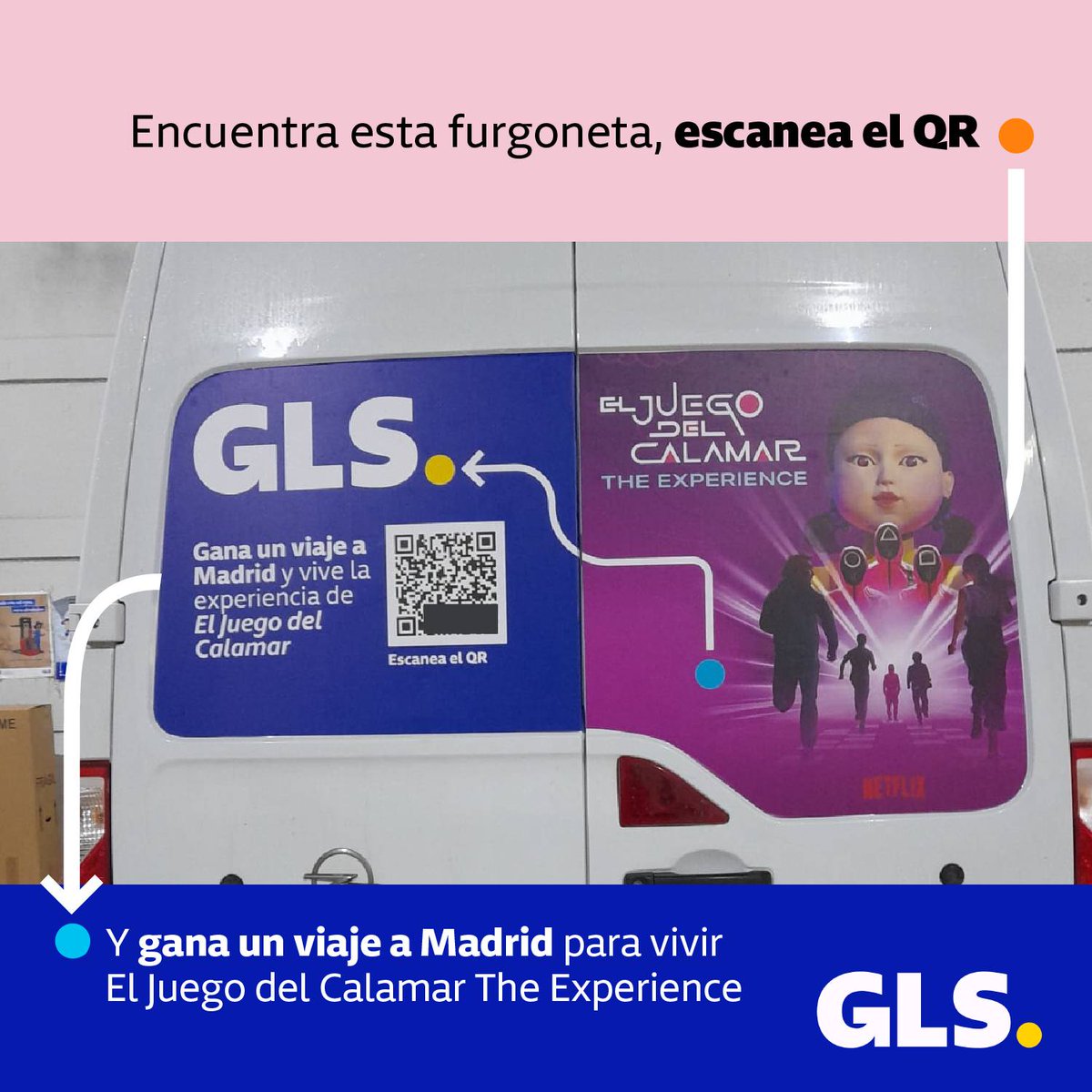 GLS_Spain's tweet photo. 🚚🦑 Si te cruzas con esta furgoneta... ¡no pierdas la oportunidad!

📱 Escanea el QR
🖊️ Rellena el formulario
🧳 Gana un viaje a Madrid para vivir El Juego del Calamar The Experience

¡Hay varias repartidas por España!

#GLSSpain https://t.co/IaxoMjs5CZ