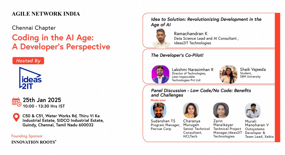 AgileNetwork_in's tweet image. Agile Network India #ChennaiChapter | #JanuaryEvent 

Agenda Live!  

Date: 25th Jan, 2025 (Saturday)  

Time: 10:00am to 1:30pm  

Hosted By: Ideas2IT Technologies, #Chennai 

Join us: agilecommunity.org/event-details/…(Free to Participate)