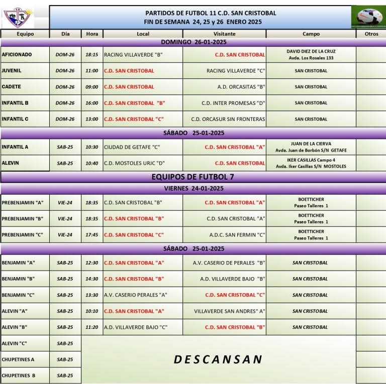 Nuevo fin de semana para poder disfrutar de los equipos de futbol del C.D. San Cristóbal. Ven y anima a tu equipo, respetando al contrario, al árbitro y sobre todo a tu barrio.
"VAMOS SANCRIS"