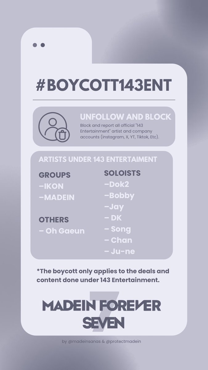 protectmadein's tweet image. Following the recent confirmation of a new comeback for MADEIN under 143 Entertainment, we feel it is crucial to reaffirm our commitment to the ongoing boycott. 

The company has consistently failed to address our concerns regarding the safety of the members and has remained…
