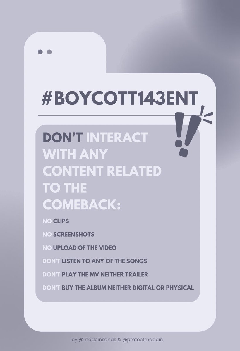 protectmadein's tweet image. Following the recent confirmation of a new comeback for MADEIN under 143 Entertainment, we feel it is crucial to reaffirm our commitment to the ongoing boycott. 

The company has consistently failed to address our concerns regarding the safety of the members and has remained…