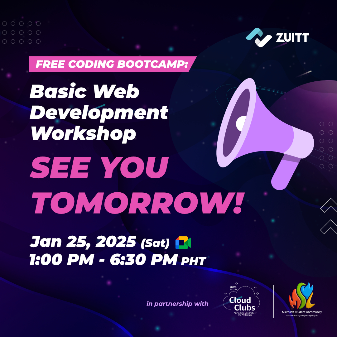 zuittco's tweet image. See you tomorrow at the Free Coding Bootcamp: Basic Web Development Workshop in partnership with AWS Cloud Club - Polytechnic University of the Philippines and Microsoft Student Community - Pamantasan ng Lungsod ng Maynila!
#Zuitt #GameDevelopmentWorkshop #FreeCodingBootcamp