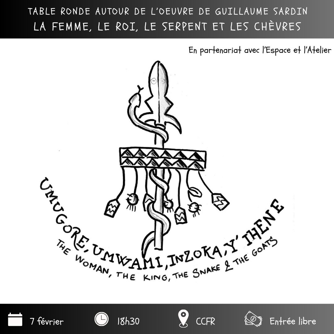 Table ronde autour de "La femme, le roi, le serpent et les chèvres" 🐐

Découvrez le fruit du travail de résidence de l'artiste <a href="/gsardin/">Guillaume Sardin</a>, autour de la figure de Nyagakecuru, femme légendaire de l'histoire du Rwanda.

En partenariat avec <a href="/lespace_rw/">L'espace</a> et <a href="/atelier_academy/">atelier</a>