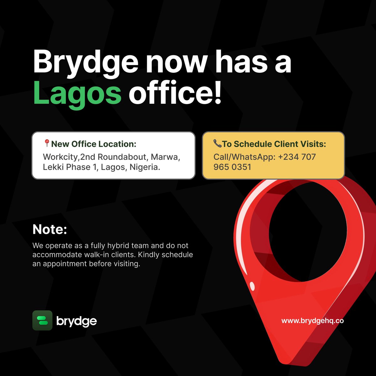 Exciting News!

We're thrilled to announce the opening of our Lagos location at Lekki Phase 1!

This new space allows us to serve you better and  meet with you in person.

Stay tuned for updates.

Thank you for your continued support!

Best regards,
Brydge Team