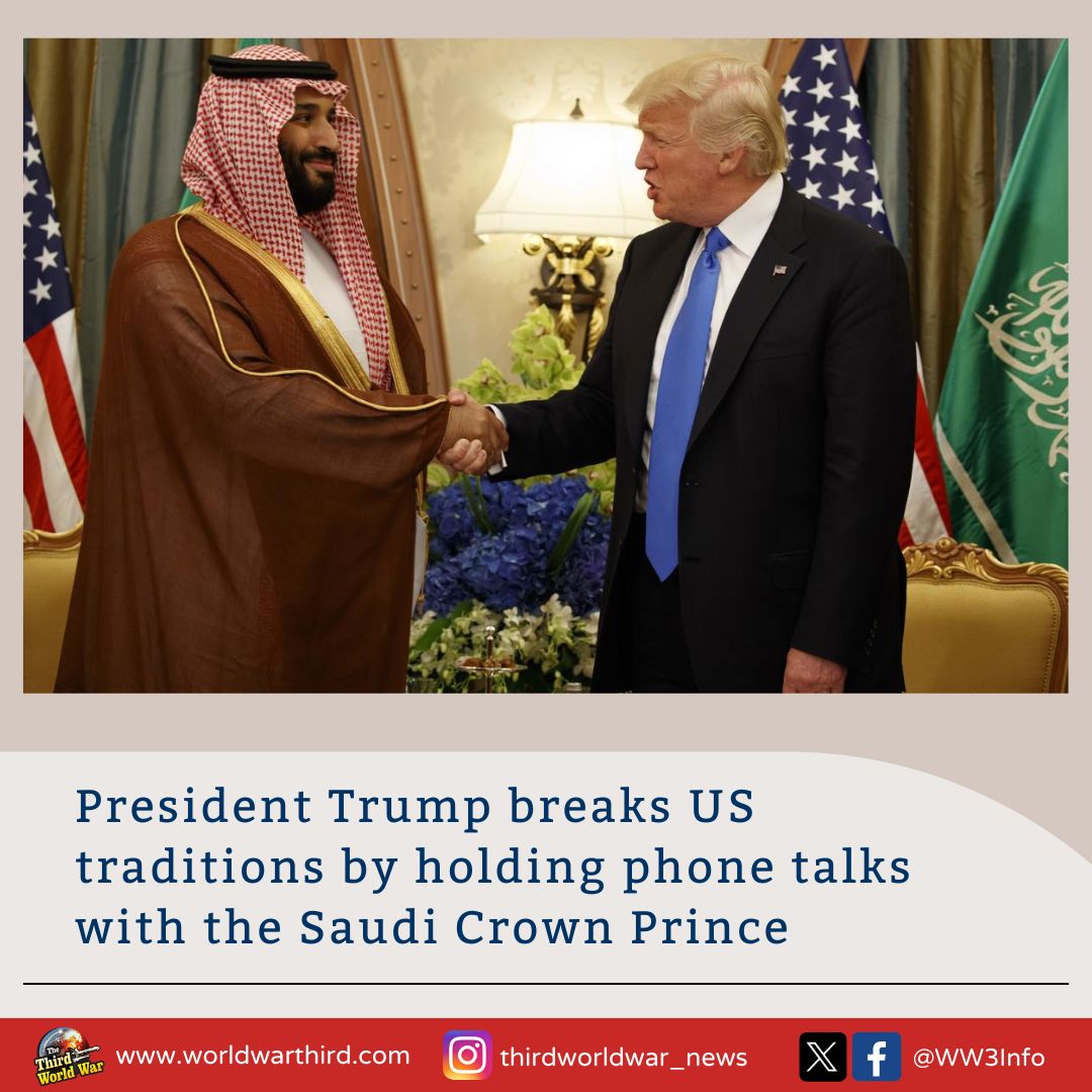 WW3Info's tweet photo. #WWIII: #DonaldTrump breaks tradition & makes 1st phonecall as US President to #SaudiCrownPrince rather than neighbours. Move believed to emphasise #Saudi's reliability for #USinterests in #MiddleEast. After the phone call, the Prince announced a $600 billion investment in US. https://t.co/hzvpamnJcL