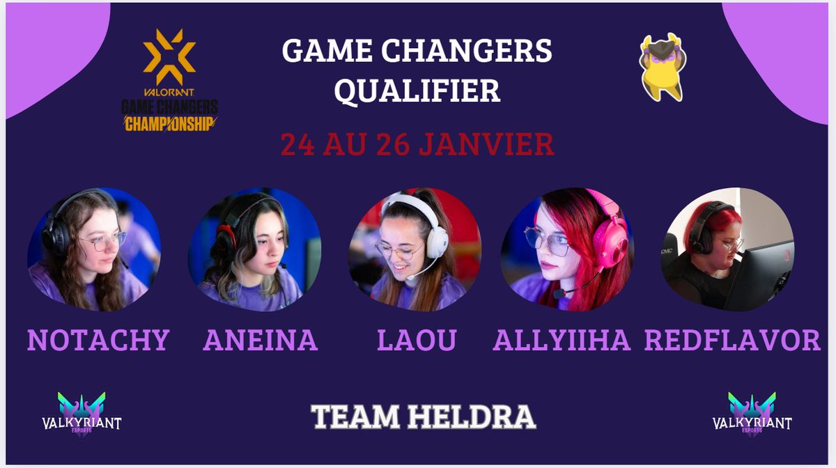 Valkyriant (@valkyriant_be) on Twitter photo Ce soir, les qualifications pour les GC commence et notre team Valorant Heldra y participe ! 🔥
Voici le roster pour ce soir :
<a href="/Notachy_/">Notachy</a>~Duelliste
<a href="/aneiina/">VLK Aneina</a>~Flasheuse
<a href="/_Laou_/">Laou</a>~Smokeuse (C)
<a href="/Allyiiha/">Allyiiha</a>~Flex
<a href="/dear_redflavor/">PCS RedFlavor</a>~Sentinelle (Sub)
Bonne chance à vous les filles !
#VLKWIN Ce soir, les qualifications pour les GC commence et notre team Valorant Heldra y participe ! 🔥
Voici le roster pour ce soir :
<a href="/Notachy_/">Notachy</a>~Duelliste
<a href="/aneiina/">VLK Aneina</a>~Flasheuse
<a href="/_Laou_/">Laou</a>~Smokeuse (C)
<a href="/Allyiiha/">Allyiiha</a>~Flex
<a href="/dear_redflavor/">PCS RedFlavor</a>~Sentinelle (Sub)
Bonne chance à vous les filles !
#VLKWIN