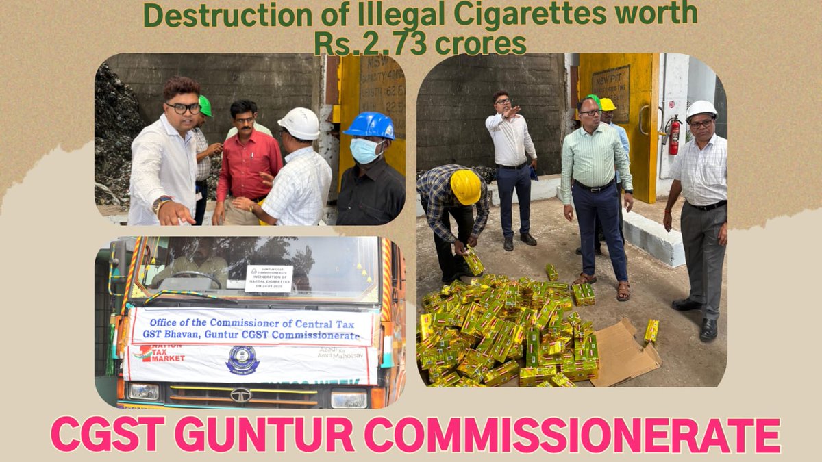 CGST_Guntur's tweet photo. Protecting public health & revenue! Guntur Central GST Commissionerate destroys 57 lakh illegal cigarette sticks worth Rs.2.73 cr. under Drug Disposal Special Campaign, which are not adhering to the COPTA 2003.
@FinMinIndia
@cbic_india
@Cascadeglobal
#FinMinIconicWeek https://t.co/ZVfrqMCrgn