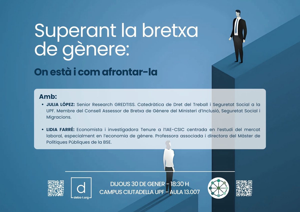 deba-t.org (@debat_org) on Twitter photo Superant la bretxa de gènere: on està i com afrontar-la
<a href="/debat_org/">deba-t.org</a> 🤝🏼 <a href="/PostCrash_UPF/">Post-Crash UPF</a>.
📅 30 de gener
🕡 18.30 h
📍 Aula 13.007 - Campus Ciutadella UPF
🗣️ Amb la Julia López i <a href="/farre_lidia/">Lídia Farré</a>.
📢 Un debat sobre la bretxa de gènere, les quotes d’inclusió i el futur de les Superant la bretxa de gènere: on està i com afrontar-la
<a href="/debat_org/">deba-t.org</a> 🤝🏼 <a href="/PostCrash_UPF/">Post-Crash UPF</a>.
📅 30 de gener
🕡 18.30 h
📍 Aula 13.007 - Campus Ciutadella UPF
🗣️ Amb la Julia López i <a href="/farre_lidia/">Lídia Farré</a>.
📢 Un debat sobre la bretxa de gènere, les quotes d’inclusió i el futur de les