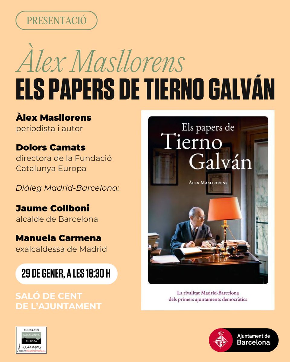 📚✨ Et convidem a la presentació de 'Els papers de Tierno Galván', del periodista @alexmasllorens.

👥 Hi participaran l'alcalde <a href="/jaumecollboni/">Jaume Collboni</a>, <a href="/ManuelaCarmena/">Manuela Carmena</a>, <a href="/DolorsCamats/">Dolors Camats</a> i el propi autor.

📍 Saló de Cent de l'Ajuntament de Barcelona
🗓️ Dimecres, 29 de gener, a les 18:30 h