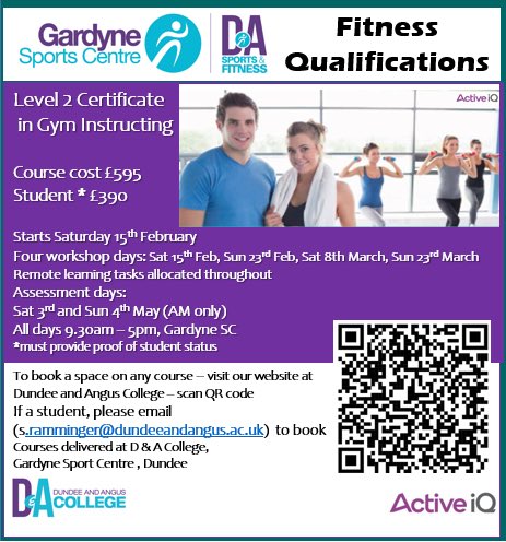 Level 2 Certificate in Gym Instructing Course Available for booking via <a href="/dundee_angus/">Dundee&Angus College</a> 

Link for more information below or use the QR code on the image:- 

pass.angusalive.scot/pass/courses