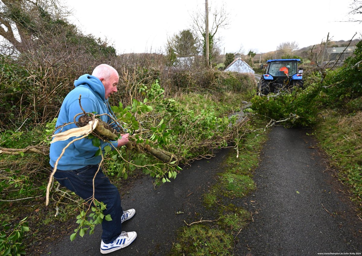 ClareChampion's tweet photo. Brothers Michael and Frankie Slattery clearing fallen trees at Shantulla, Kilmaley following Storm Eowyn on Friday morning. #StormÉowyn #Weather Photograph by John Kelly. https://t.co/L5IBS6iAS2
