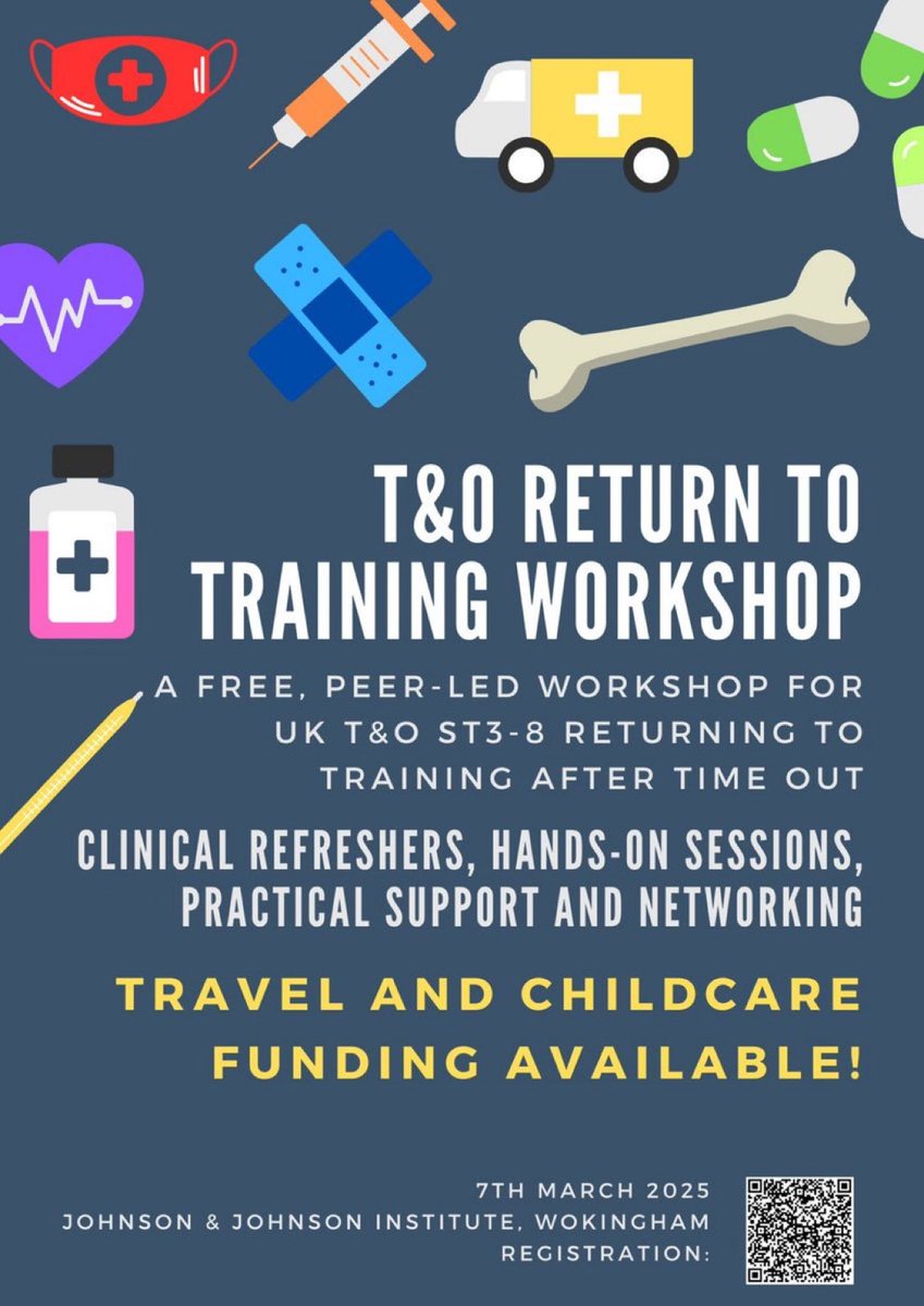 Sign up, sign up! 

The Return to training Workshop for Trauma and Orthopaedics trainees is back! 

Travel and Childcare is funded! 🙌🏽

Supported by <a href="/BritOrthopaedic/">BOA</a> and <a href="/RCSnews/">The Royal College of Surgeons of England</a> 

Please share 🙏🏻