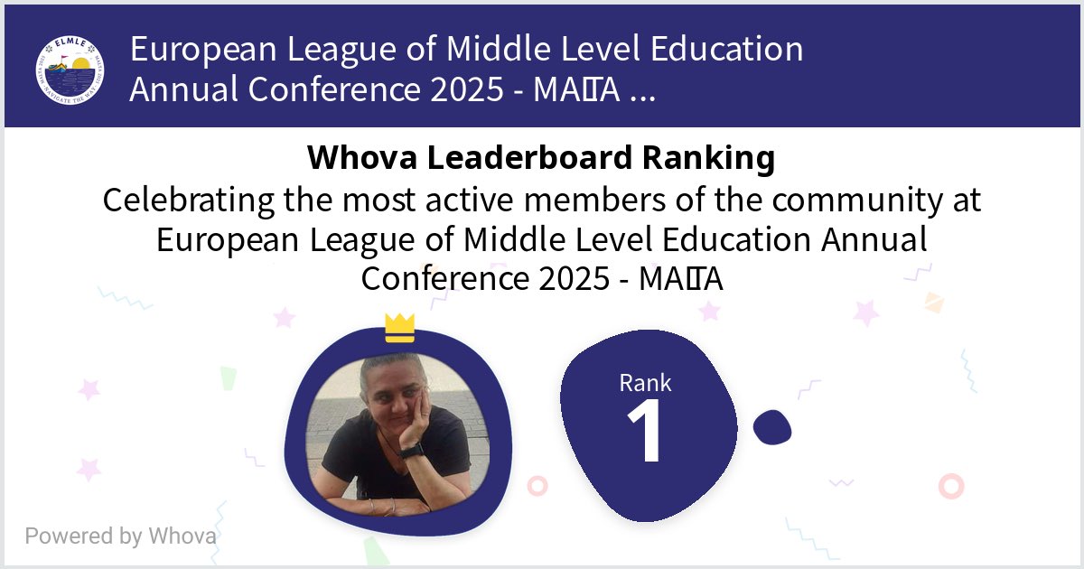 I ranked #1 on the Whova leaderboard at European League of Middle Level Education Annual Conference 2025 - MALTA! @ELMLENews #ELMLENews #ELMLEMalta #ELMLEImpact - via #Whova event app