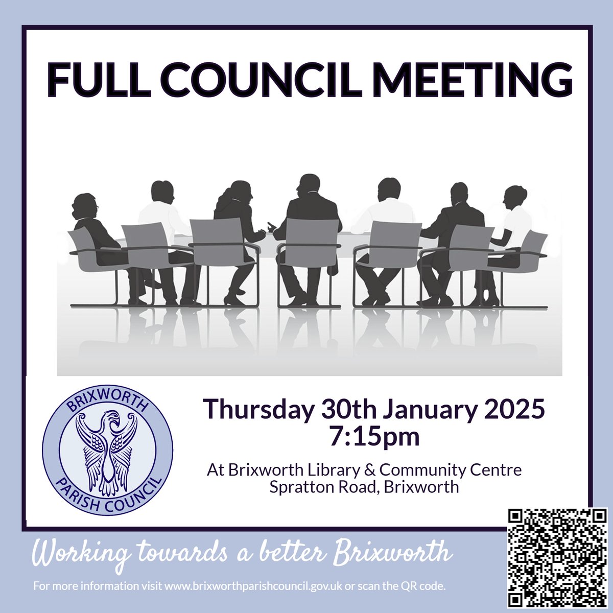 Join us for the first Full Council Meeting of 2025!

📅 Thursday, 30th January 2025 
⏰ 7:15pm 
📍 Brixworth Library &amp; Community Centre, Spratton Road. 

All are welcome! Visit:
brixworthparishcouncil.gov.uk/full-council-m… for more info.