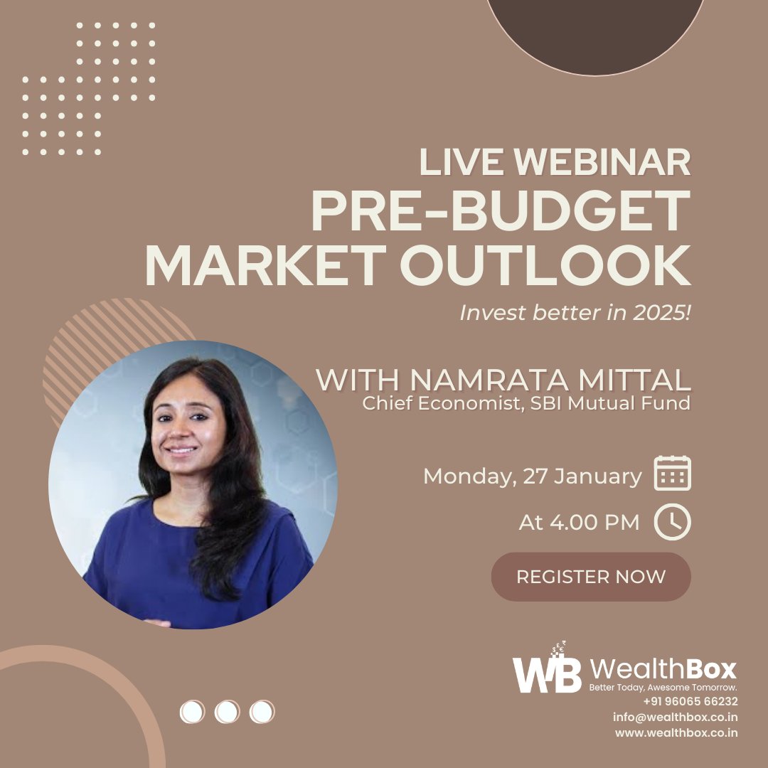 's tweet image. 🚨 Mark your calendar!
Join WealthBox for a webinar on 'Pre-Budget Market Outlook' with Namrata Mittal, Chief Economist at SBI Mutual Fund.
 🗓 Jan 27 | ⏰ 4 PM IST
Don’t miss insights into India's financial prospects for 2025!
 👉  Register Now!  bit.ly/4genJGW 
@SBIMF
