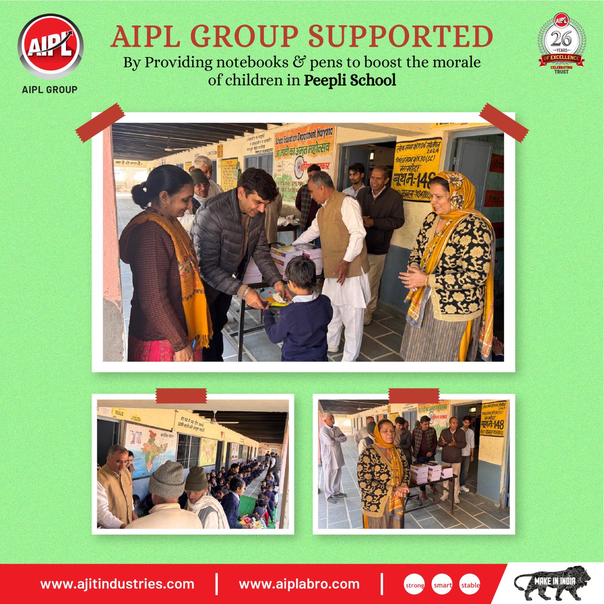 aiplindustries's tweet image. 📚✨ Empowering Young Minds! ✨✍️

Today, Ajit Industries Pvt Ltd (AIPL) proudly distributed notebooks and pens to the students of Peepli School as part of our CSR initiative. 🖊️📖

#AIPLGroup #AIPL #AIPLABRO #AIPLZorro #Cellux #AjitIndustries #CSRInitiative #EducationMatters