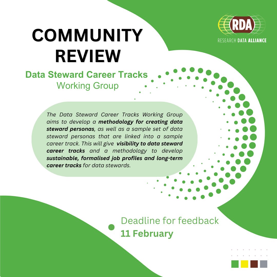 🚨Calling all #DataStewards

Leave your feedback on the Data Steward Career Tracks Working Group proposal. The group will develop a methodology for creating data steward personas and sustainable, formalised job profiles.

Add your comments (RDA Members): ow.ly/Q3Vv50UKYE6