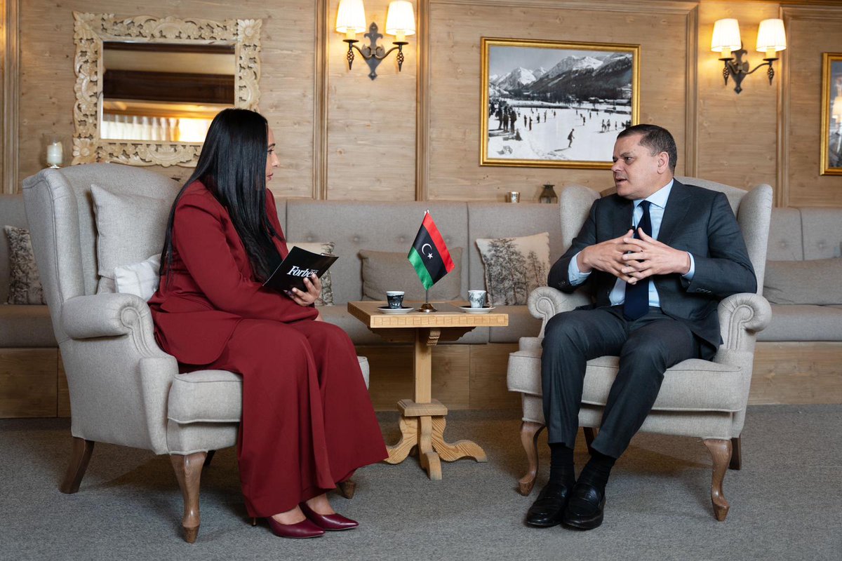 Forbes_MENA_'s tweet photo. At the World Economic Forum in #Davos, Libyan Prime Minister Abdulhamid Dbeibeh discussed plans to boost the economy, emphasizing the importance of regional and international cooperation.

Full interview coming soon.. https://t.co/x5omKHWnke 

 #Forbes #Libya #WorldEconomicForum  
@KhuloudAlOmian @Dabaibahamid