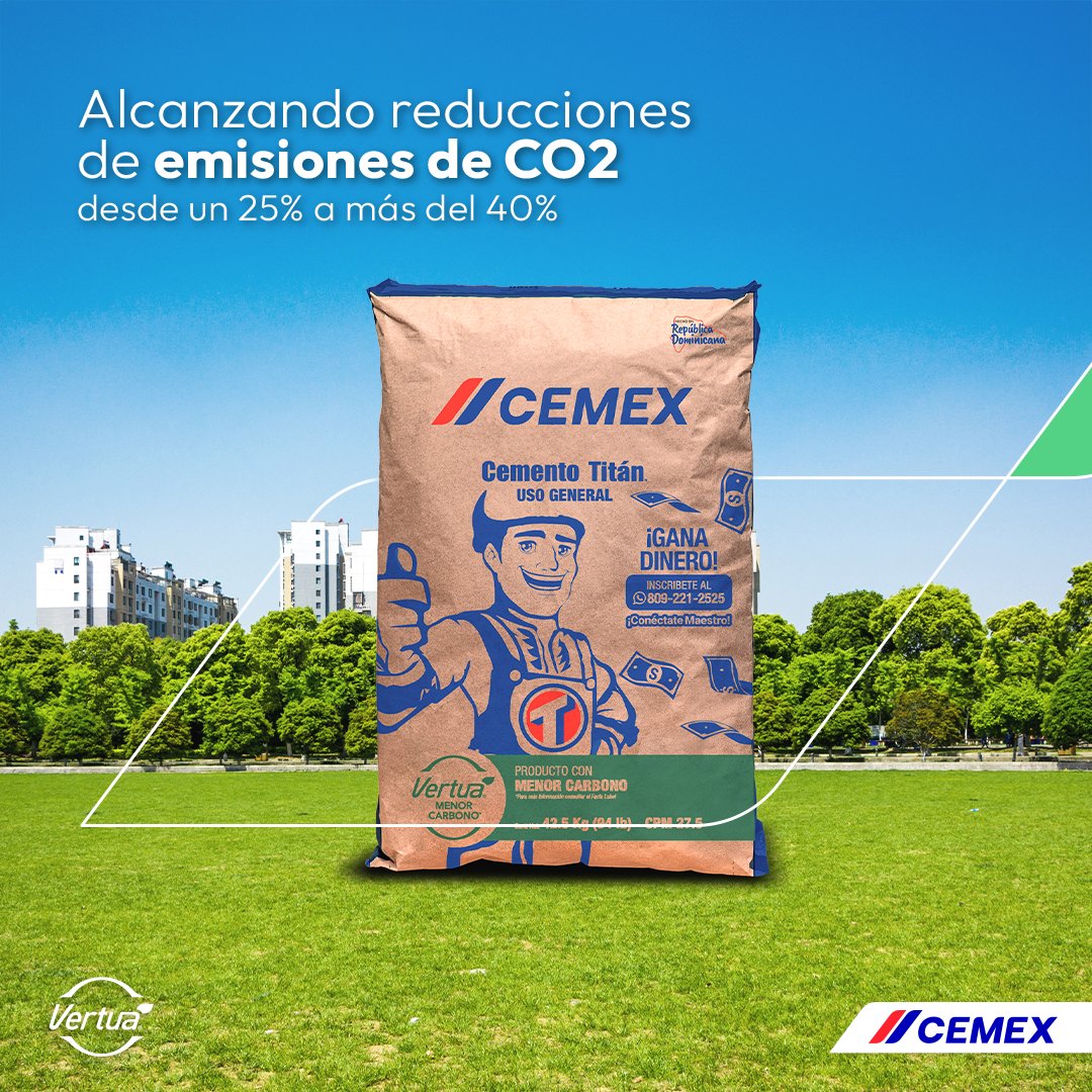 Con Cemento Titán Vertua, damos pasos firmes hacia un futuro con menor huella de carbono. Reduciendo las emisiones de CO₂ hasta en un 40%, estamos construyendo un mañana más sostenible para todos. 🌱

#CemexDominicana  #CementoTitánVertua