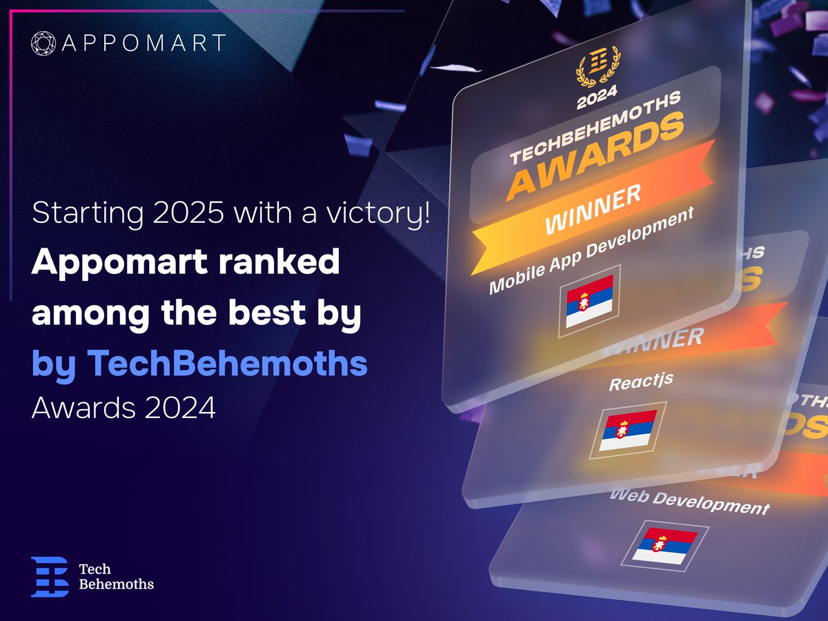 🎉 We’re thrilled to announce that Appomart has been recognized among the best by TechBehemoths Awards 2024!

🏆 2nd in ReactJS Development in Serbia
🏆 2nd in Mobile App Development in Serbia
🏆 3rd in Web Development in Serbia

This is just the beginning🚀