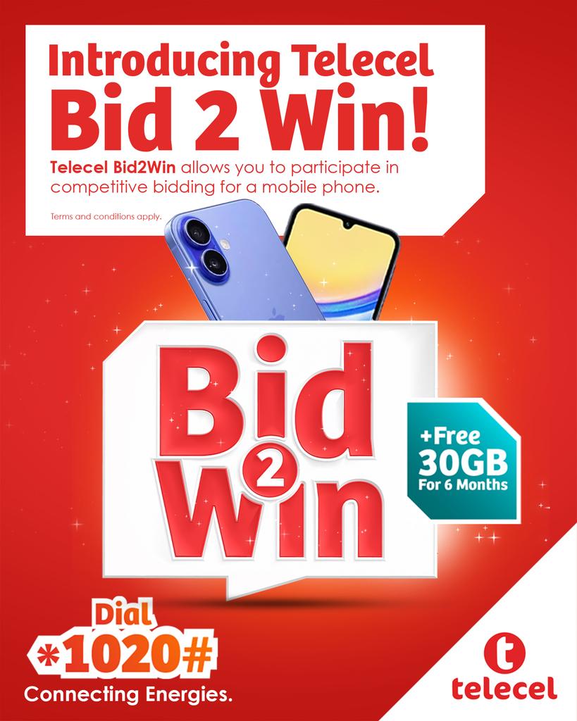 TelecelGhana's tweet image. The Telecel Bid2Win promo is here! 🎊 Place your bid and stand a chance to win a sleek mobile phone 📱 with an added bonus of free 30GB data for 6 months! 🤗
Dial *1020# to join the fun now.

#telecel
#ConnectingEnergies
#Bid2Win