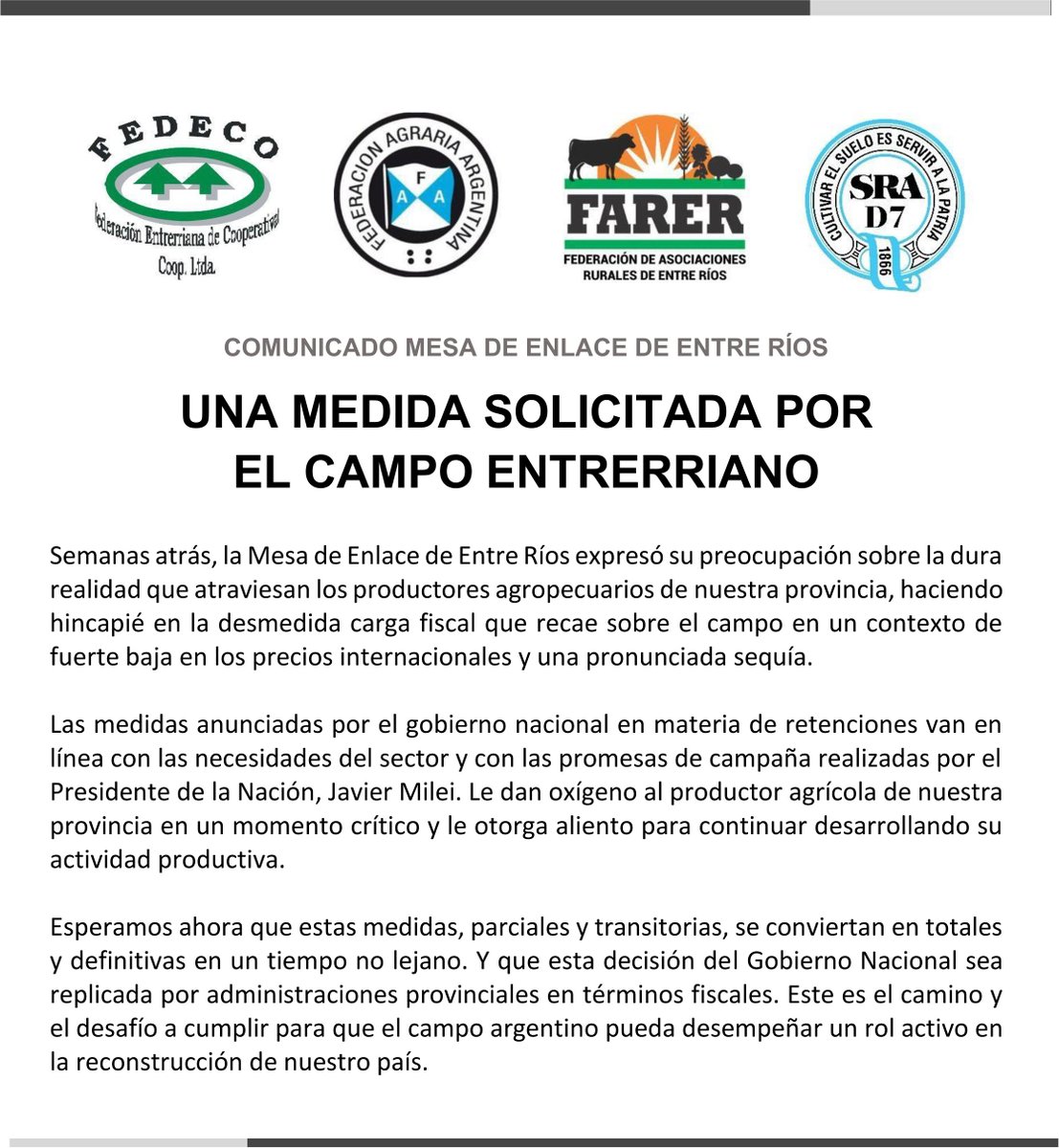 Rurales_FARER's tweet photo. ✔️ COMUNICADO MESA DE ENLACE DE ENTRE RÍOS
Una medida solicitada por el campo entrerriano https://t.co/3yi07Lsnby