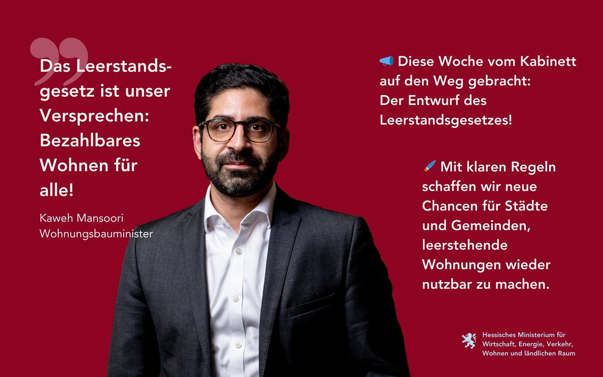 Diese Woche wurde im Kabinett ein Gesetzsentwurf zur Verhinderung von spkulativen Leerstand auf den Weg gebracht🏡 Gemeinden mit angespannten Wohnungsmärkten solle neue Befugnisse erhalten, um Wohnungen schneller wieder nutzbar zu machen. 👉wirtschaft.hessen.de/presse/wirtsch…
