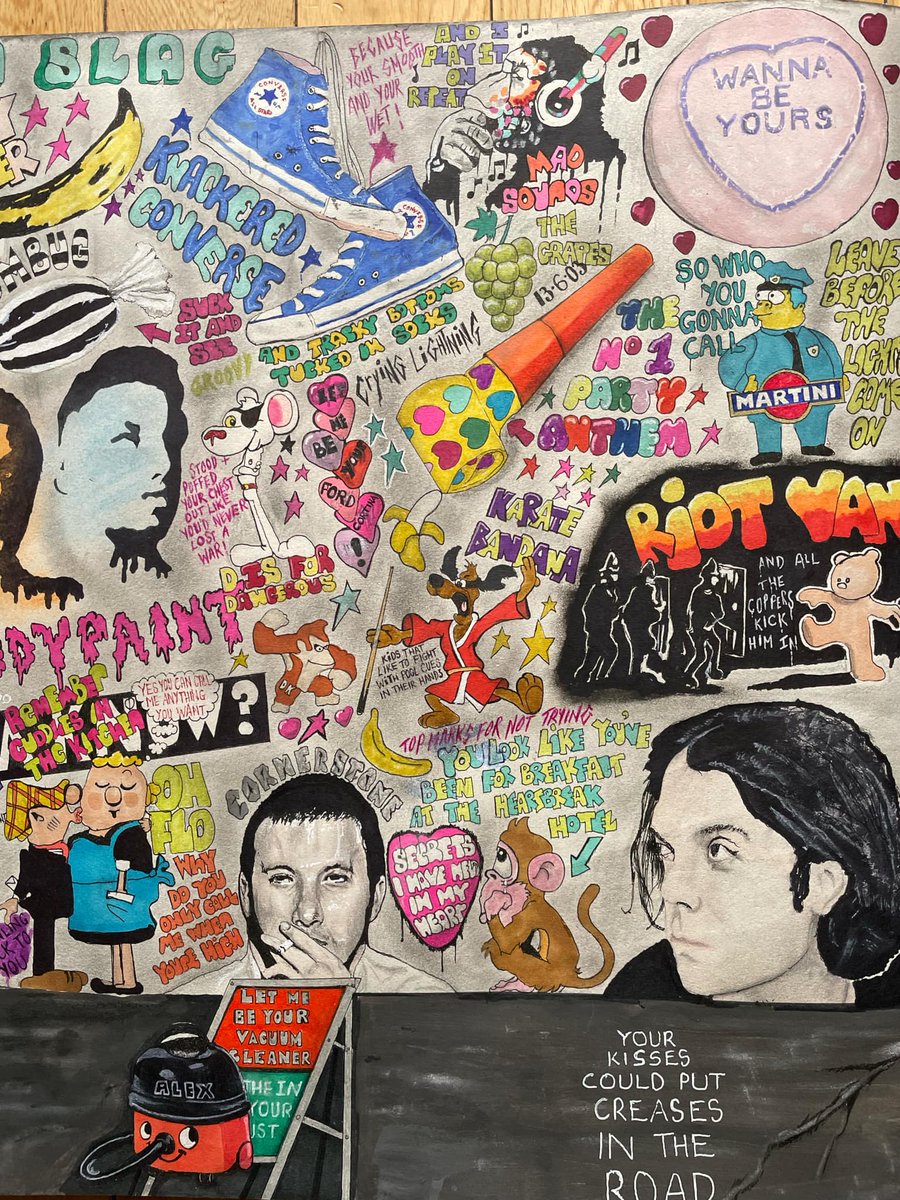 JanetHalmshaw's tweet photo. Close up shots of arctic monkeys artwork currently in progress. #arcticmonkeys #alexturner #sheffield #art #graffiti #matthelders #jamiecook #music #nickomalley https://t.co/nfhsKUvhKT