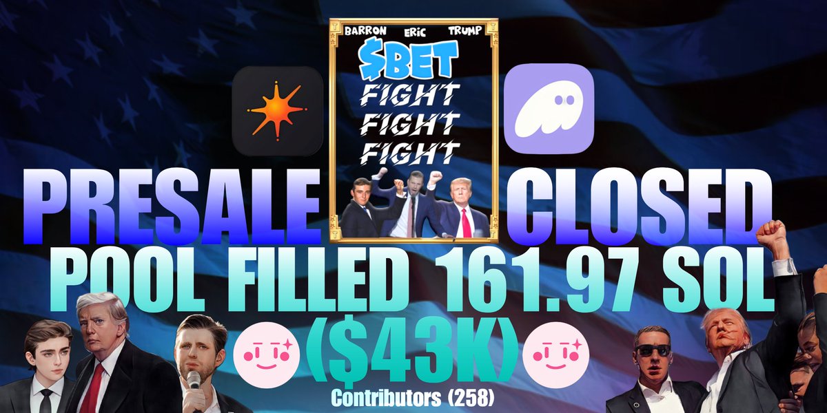 🚀 Hello $BET Community!
Congratulations! 🎉 The presale is CLOSED with an incredible achievement of 161.97 SOL ($43K), reaching 80.98% of the target with 258 contributors.
📌 Launch in &lt;24 hours! Stay tuned for Raydium listing &amp; claim via Pinksale. CMC &amp; CGK listing soon.
#BET