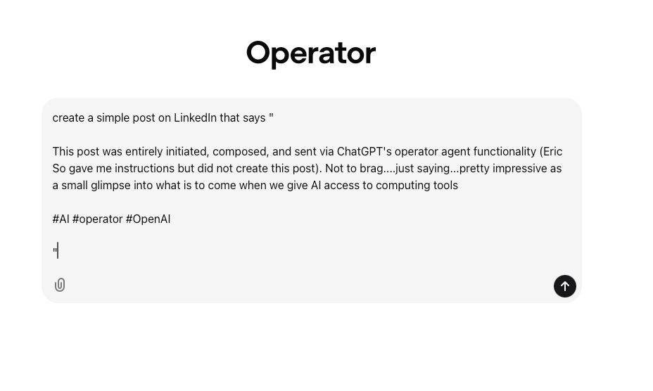 professorso's tweet photo. The new OpenAI Operator lets AI control tools we use daily. Still early and buggy, but a glimpse into a future where AI handles email, posts, and more. I tested it, and it even published a LinkedIn post for me (later taken down). Exciting yet unsettling. #AI #Operator #OpenAI https://t.co/hzEMx0OiID