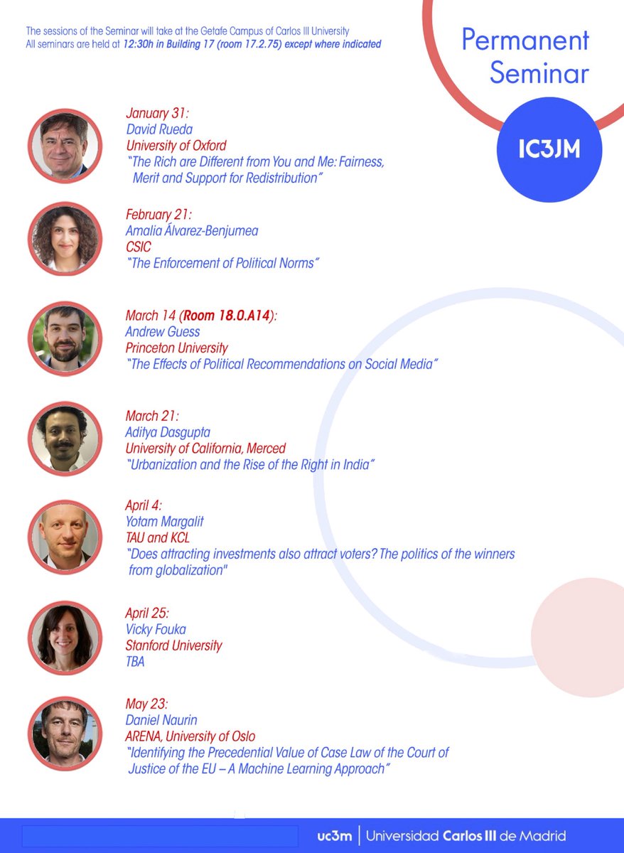 IC3JM · Carlos III - Juan March Institute (@ic3jm) on Twitter photo Ready for another outstanding semester in our Permanent Seminar series: <a href="/andyguess/">Andy Guess</a> @_adasgupta <a href="/DanielNaurin/">Daniel Naurin</a> and many more!!
Please, be tuned! Ready for another outstanding semester in our Permanent Seminar series: <a href="/andyguess/">Andy Guess</a> @_adasgupta <a href="/DanielNaurin/">Daniel Naurin</a> and many more!!
Please, be tuned!