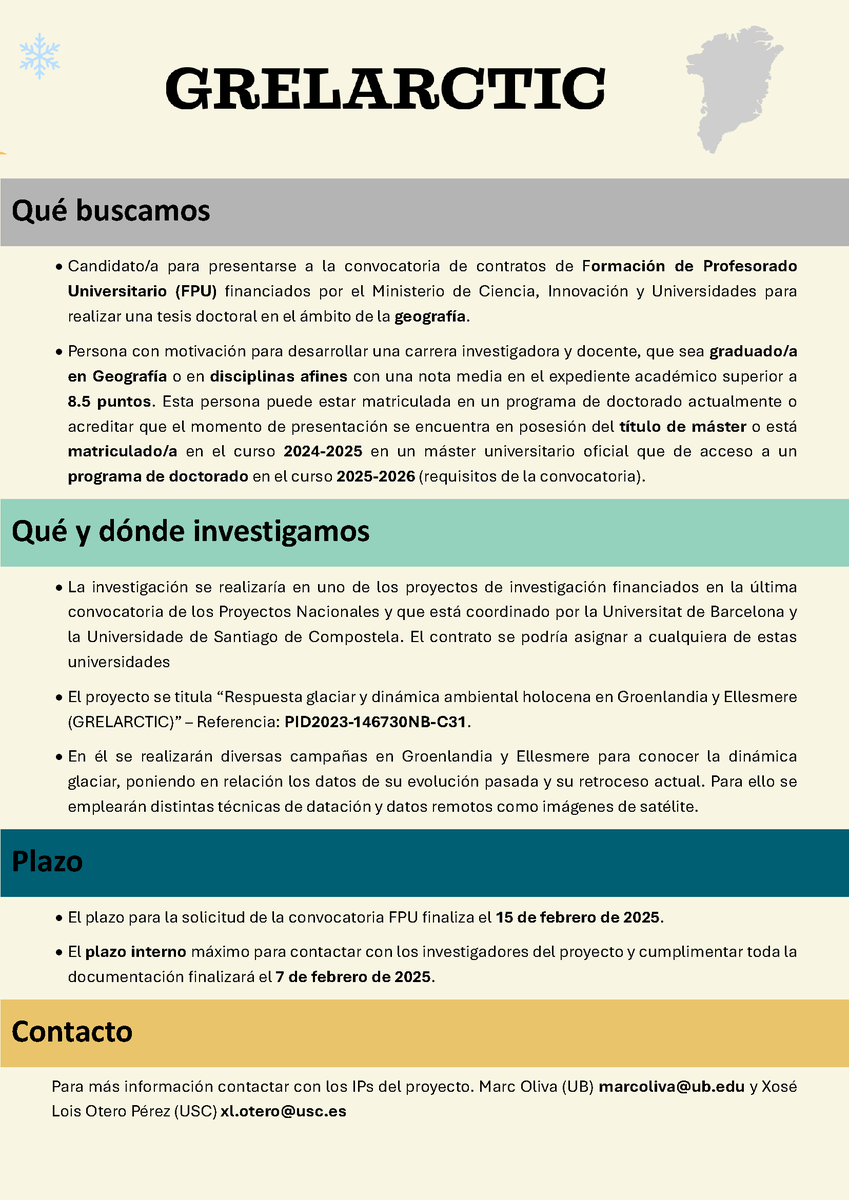 lex_gom's tweet photo. 📢¿Pensando en solicitar un contrato FPU? 

En el proyecto GRELARCTIC estamos buscando candidatos/as. 

Estudiamos los efectos del cambio global en el retroceso glaciar a partir de técnicas de muestreo sobre el campo y datos remotos.

Más información 👇 https://t.co/IuzCK7JFLt