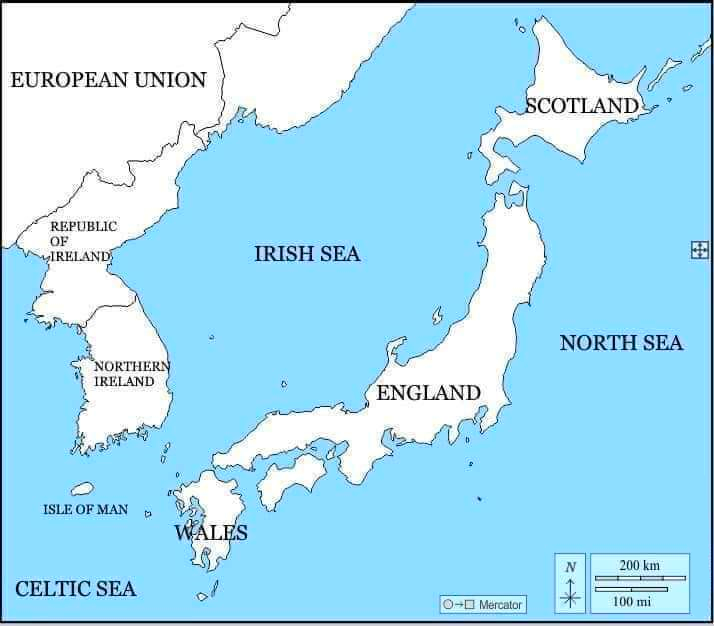 TerribleMaps's tweet photo. In search of the USA, Christopher Columbus set sail across the Atlantic. However, in 1492, he stumbled upon what he thought was Scotland—a place that would later be known as Japan. https://t.co/OR7P0leLZh