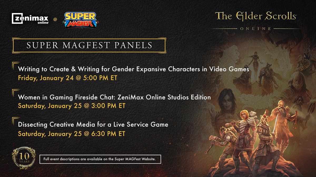 ZeniMax Online Studios (@zenimax_online) on Twitter photo Guess what? <a href="/ZeniMax_Online/">ZeniMax Online Studios</a> is coming to MAGFest! We have a few panels happening this weekend, so stop by and get to chat with some of the dev team! Full panel info👉 : beth.games/4g8k90R Guess what? <a href="/ZeniMax_Online/">ZeniMax Online Studios</a> is coming to MAGFest! We have a few panels happening this weekend, so stop by and get to chat with some of the dev team! Full panel info👉 : beth.games/4g8k90R