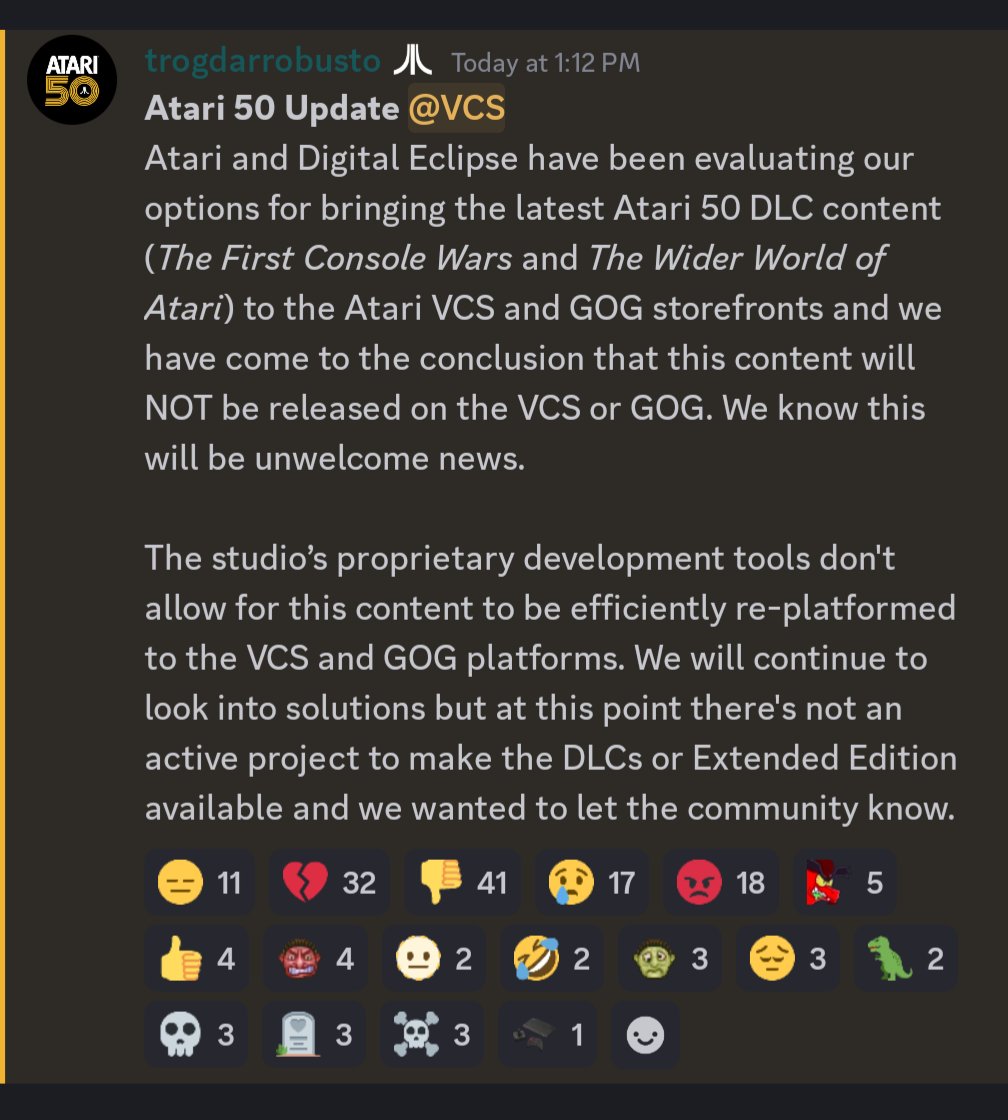 I've been a vocal supporter of the <a href="/atari/">Atari</a> VCS since it's launch. I find it very disappointing that #Atari has not done more with the console. When you see games from Atari,  <a href="/DigitalEclipse/">Digital Eclipse</a>, and <a href="/NightdiveStudio/">Nightdive Studios</a> not coming to <a href="/TheAtari_VCS/">Atari VCS</a> is heartbreaking. #retrogamer