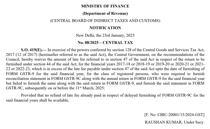 IncometaxGST's tweet photo. CBIC has waived the amount of late fee for delayed filing of GSTR-9C for the financial years 2017-18 till 2022-23, provided GSTR-9C is filed on or before 31st March 2025.

The waiver was recommended by the GST Council in its 55th meeting. https://t.co/IpGvqWLKu7